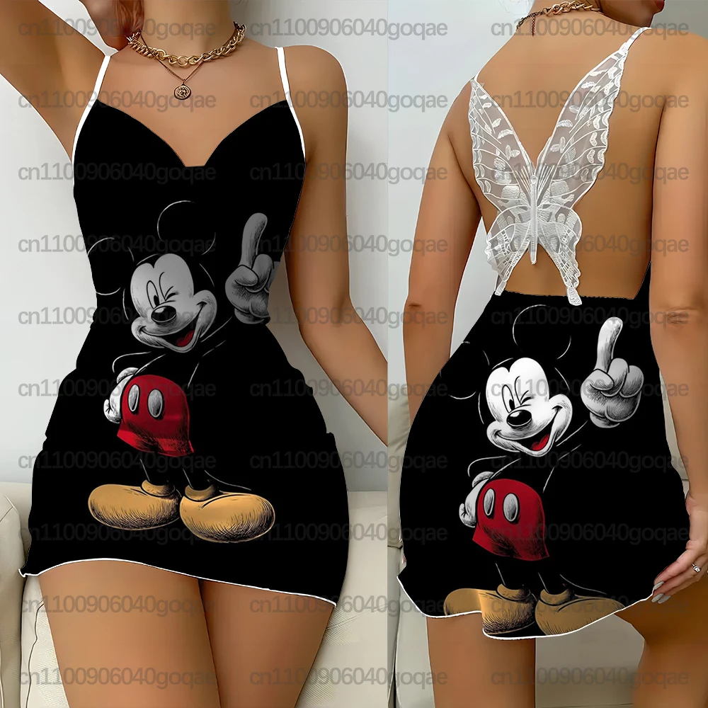 Pyjama Camisole de noël imprimé Mickey Mouse pour femmes, nouveau Style, robe en soie pour vêtements de maison pour femmes avec robe au dos en dentelle papillon