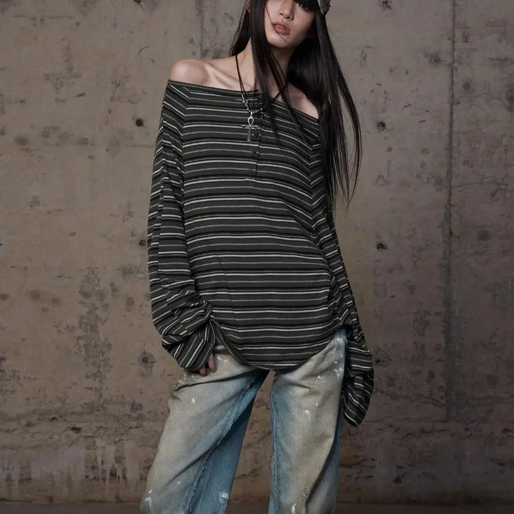 

All-match Retro Stripe Long Sleeve T-shirt Loose Chic Off Shoulder Top Irregular Stylish Y2k Crop Tops Women Streetwear