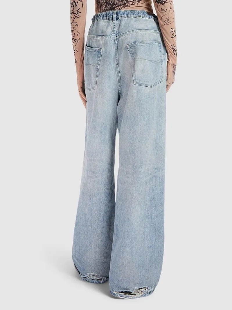 

Fall 2024 Women's Loose Straight Leg Jeans Worn-In Waed Denim Ankle Boot Cut out Casual High Waist Long Zipper Fly Blue