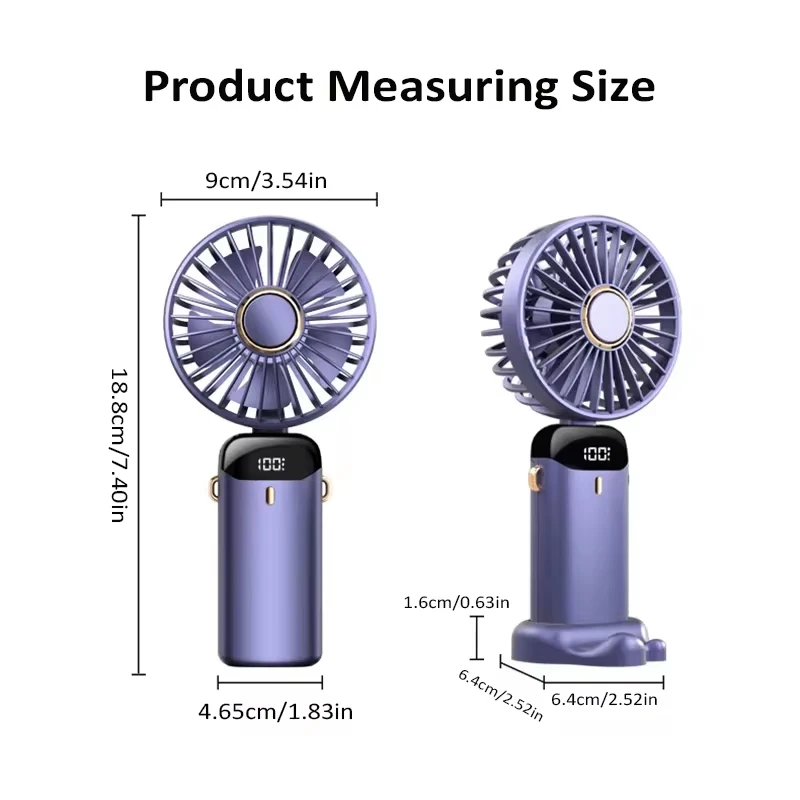 Handheld Fan USB Rechargeable Portable 5 Speeds Foldable Digital Displays Mini Personal Fan Small Cooling Desk For Home Office