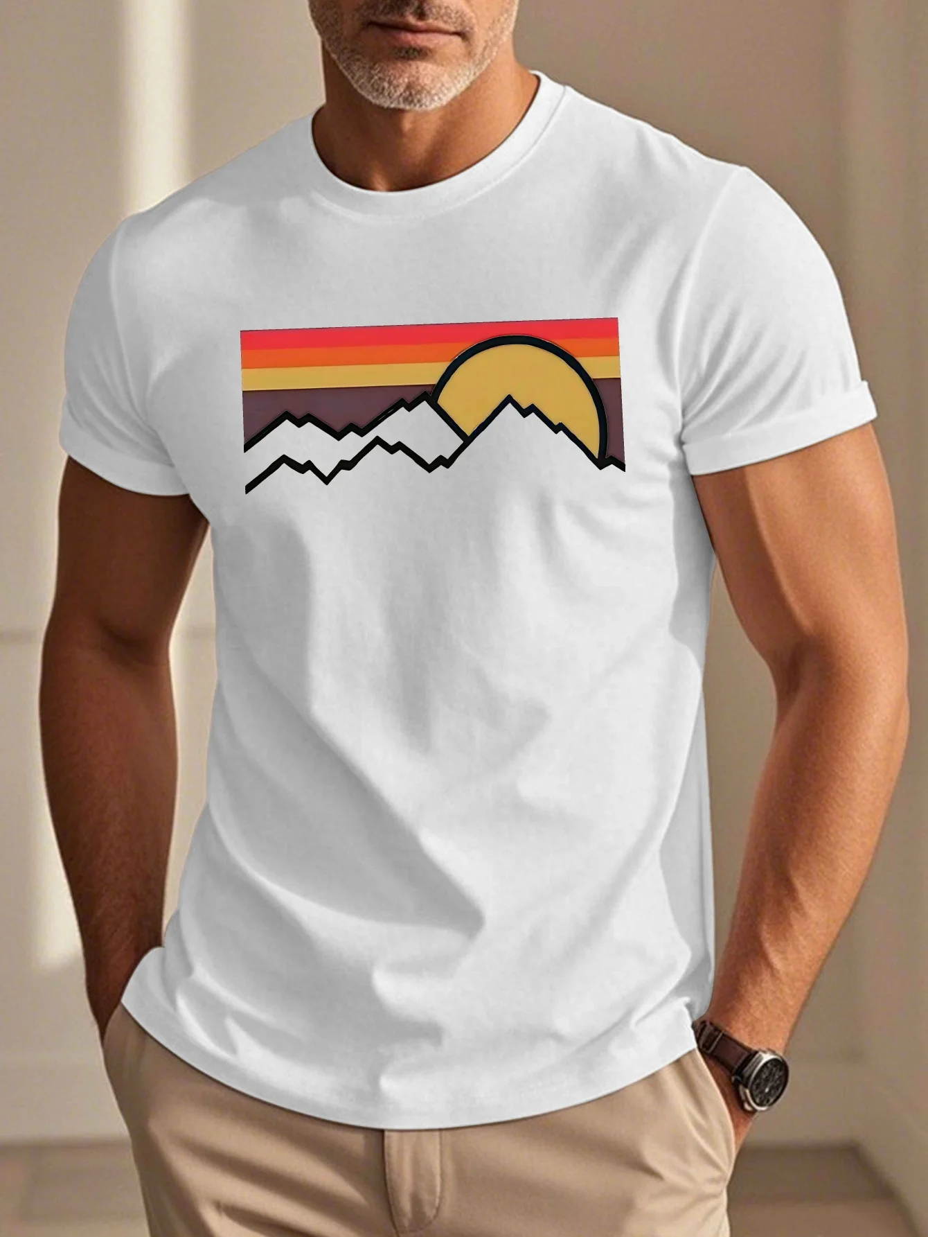 Men'S White Retro Mountain Sunset Graphic T-Shirt - Lightweight Breathable Relaxed Fit Crew Neck Short Sleeve, All-Season Outdoor Hiking & Camping Shirt with Multicolor Striped Design (Beige/Peach/Pink/Black/Gray) - Durable Casual Tee for Travel