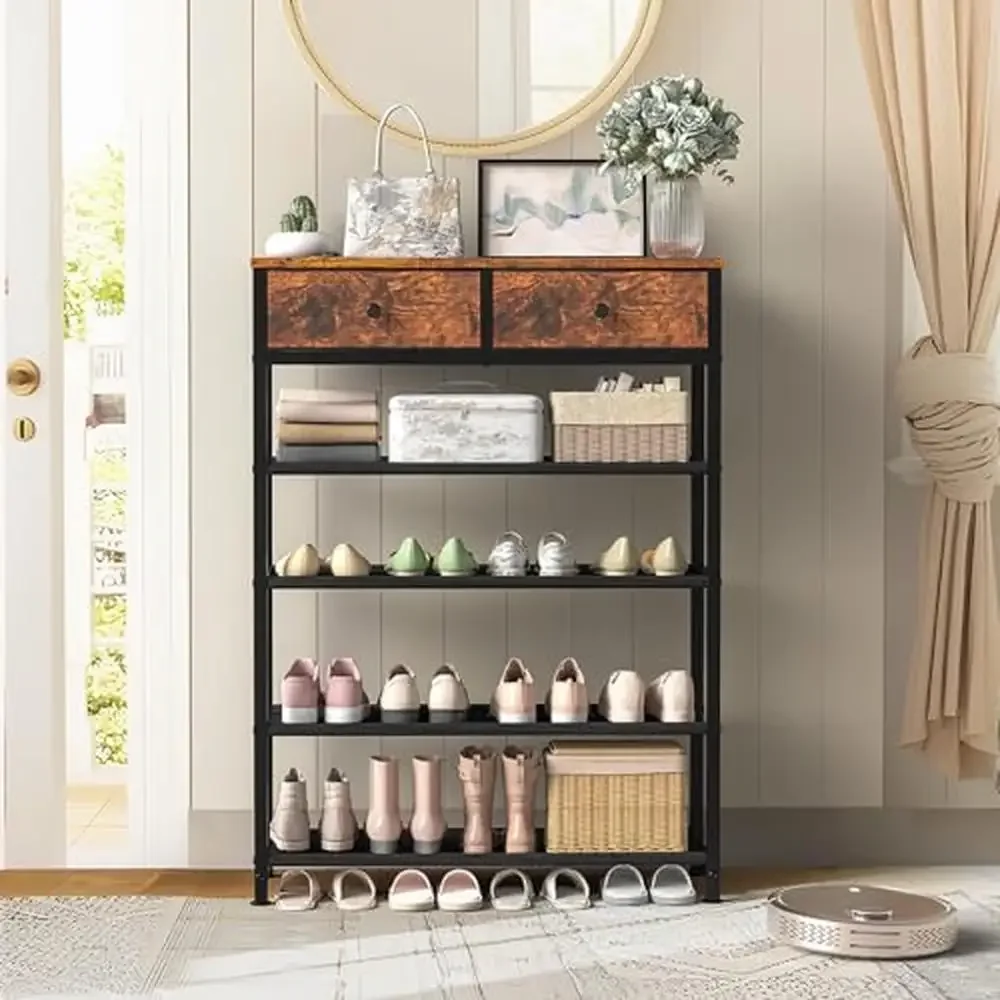 5 Tier Metal Shoe Rack Organizer with 2 Drawers Top Wood Shelf 4 Fabric Shelves Holds 12-16 Pairs Waterproof Adjustable Feet