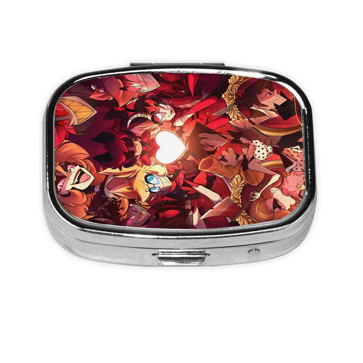 

Hazbins Hotels Metal Pills Box Compact Cartoon Film Colorful Printed 2-Compartment Square Pill Organizer Container for Purse