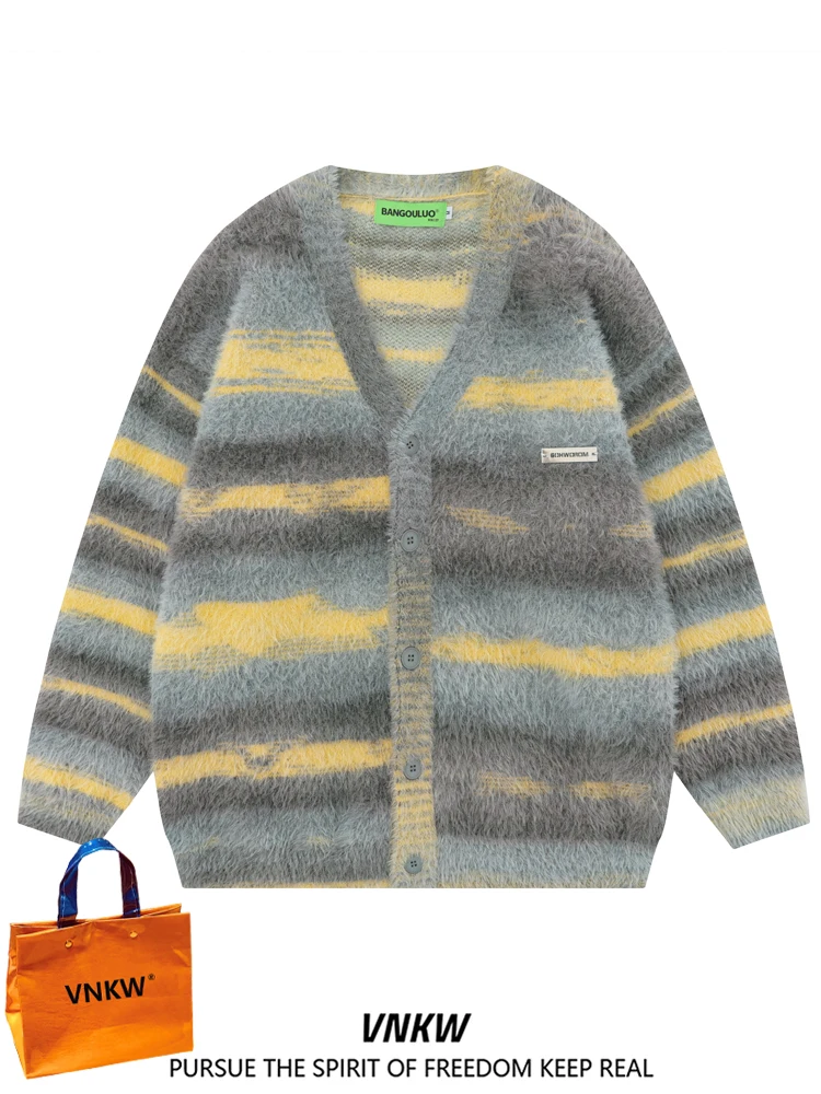 

Свободный корейский вязаный кардиган в полоску для мужчин и женщин, осенне-зимний, повседневный, с V-образным вырезом, длинными рукавами, модный, молодежный