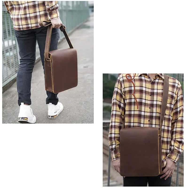 Vintage Crazy Horse Leather Men Bag iPad Cow Leather Flap Shoulder Bag Zip Around Casual Crossbody Bag Cowhide Male Briefcase