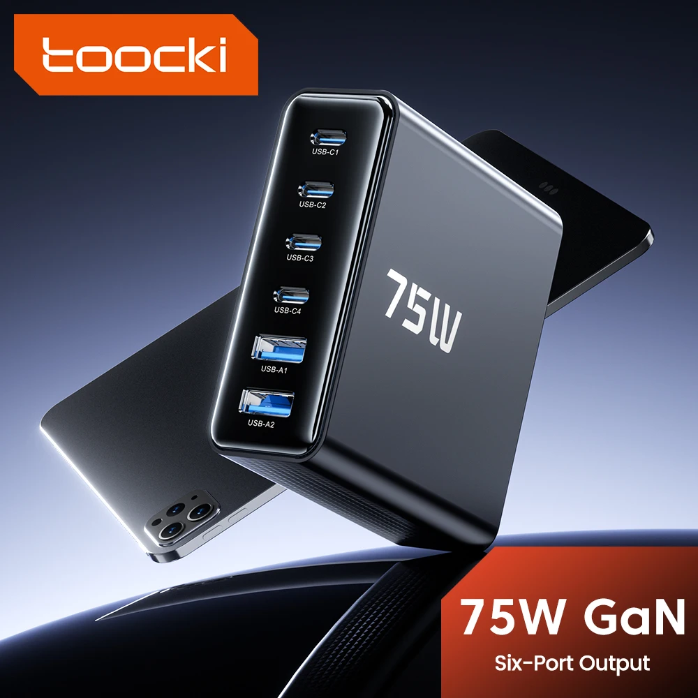 

Настольное зарядное устройство Toocki PD 75W GaN USB для телефонов, зарядка Type-C для ноутбуков, iPhone 17, 16 Pro, Samsung S25, Xiaomi 17, Huawei Mate80