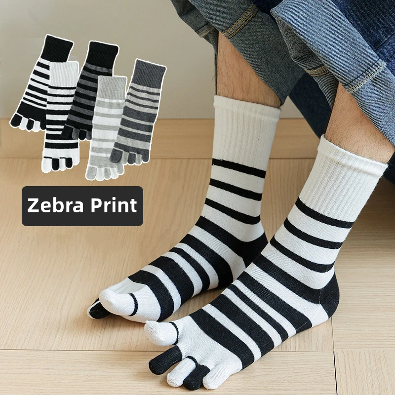 

5 Pairs Men Cotton Five Finger Socks Black White Stripe Zebra Toe Sport Tube Socks Anti-odour Sweat-Wicking Five-Toe Split