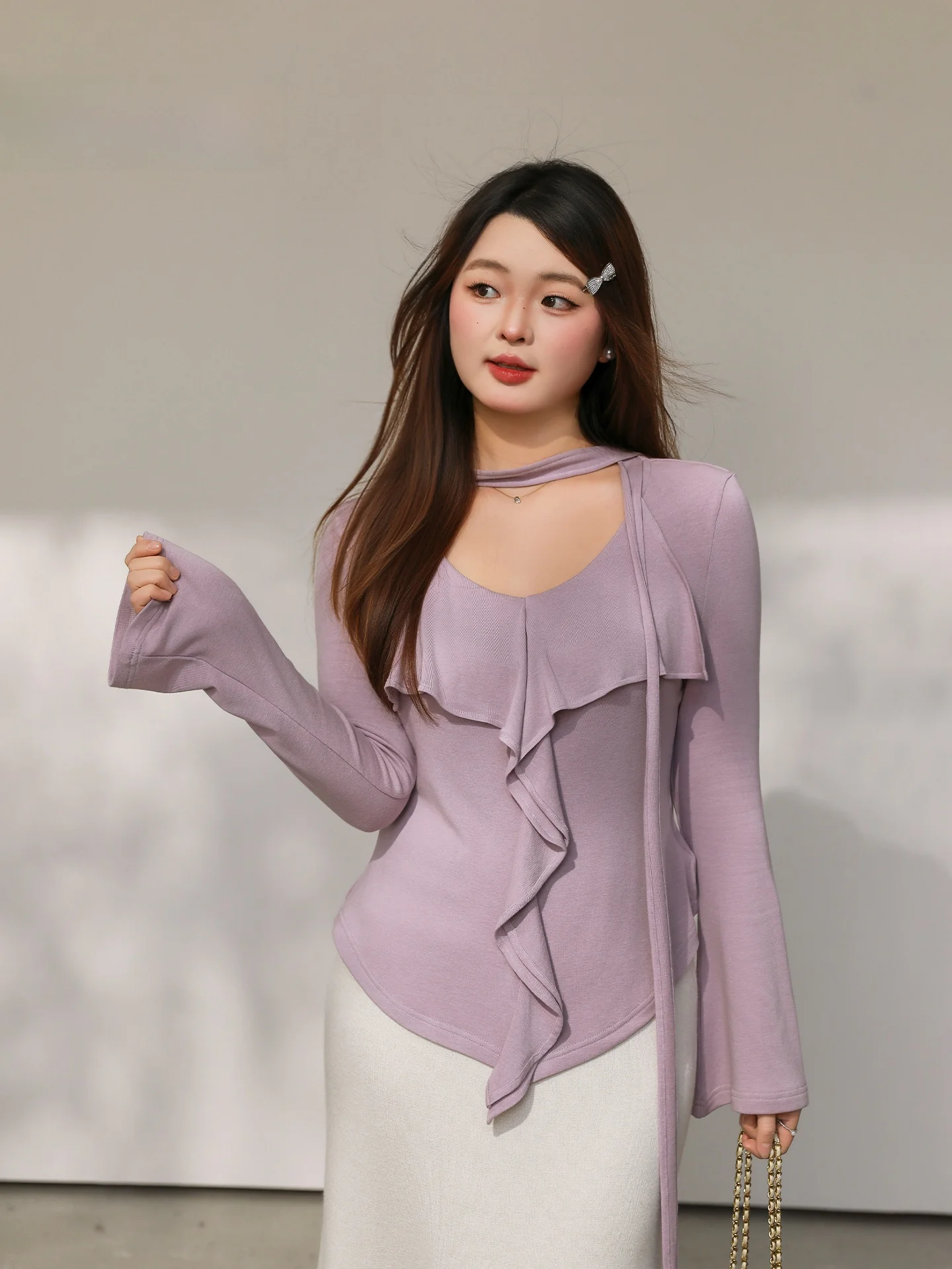 

Новая блузка с V-образным вырезом и утягивающим эффектом на талии, коллекция Romantic Social, с длинным рукавом, весенняя мода 2026 года для женщин больших размеров