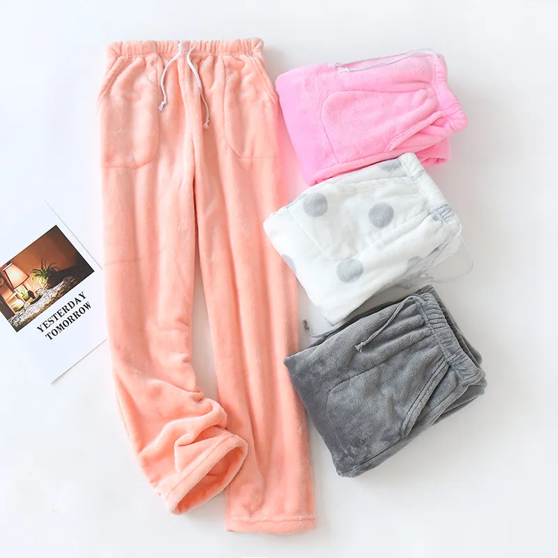 

Спальные брюки женские осенне-зимние теплые тканевые брюки с широким горлышком свободные большие размеры утолщенные коралловые бархатные домашние спальные брюки