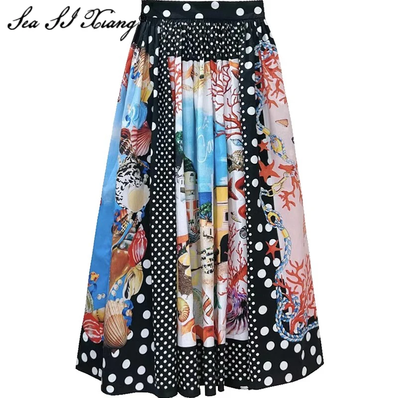 

Seasixiang Fashion Designer Summer Vacation Cotton Skirt Women's High Waist Dot Print Beach Vacation A-Line Skirt