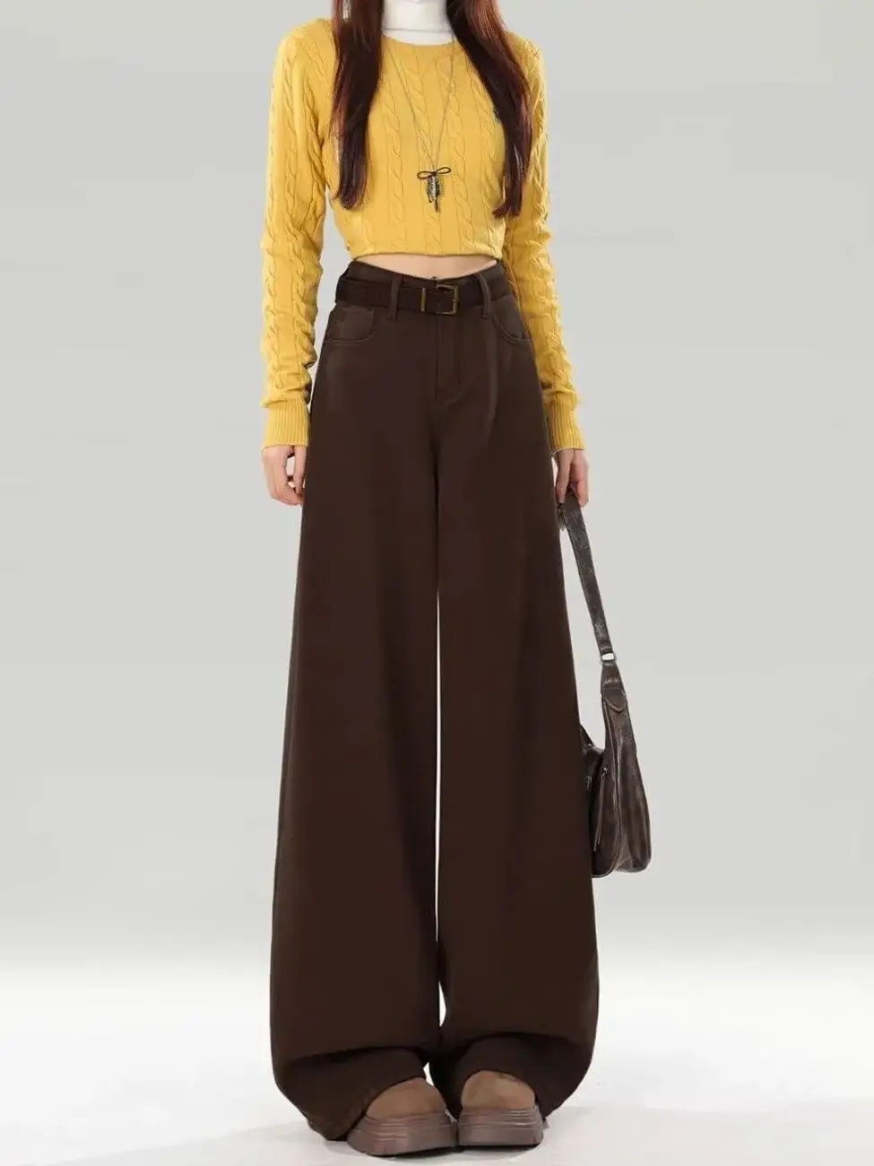 

Spring 2026 High Waist Wide Leg Coffee Color Denim Pants Women's Loose Slim Straight Long Trousers Fashionable All-Match