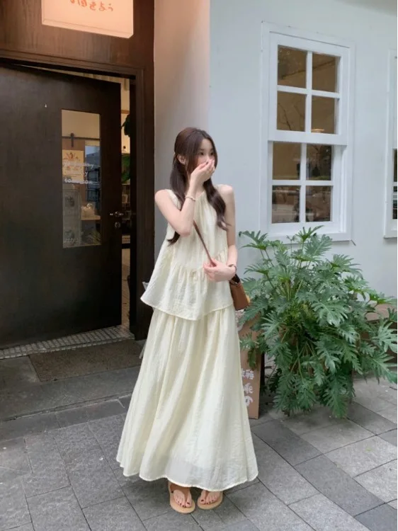 Pure Color round Neck Sleeveless Dress Women's Stylish Cold Sensation Two-Piece Look Commute Friendly A-Line Skirt