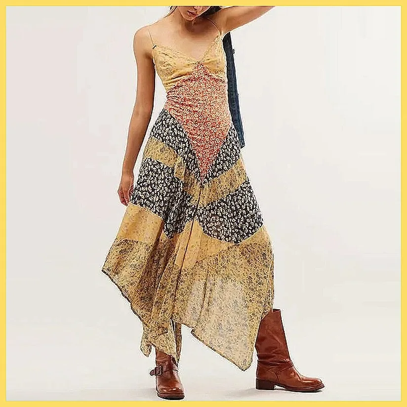 

Vintage Backless V-Neck Sleeveless Long Dress, Elegant Pleated Print Party Dress for Women