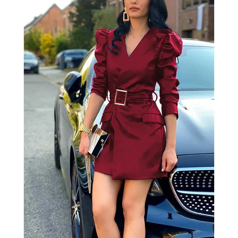 Trend PU Leather Dress Women scollo a v manica lunga a sbuffo abito Slim Fit contenente cintura a vita alta Office Lady Mini PU Dress