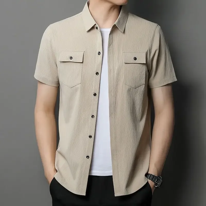 

Men Short Sleeve Shirt Summer New Fashion Male Clothes Korean Streetwear Casual Loose Solid Pocket Button Tops 2024