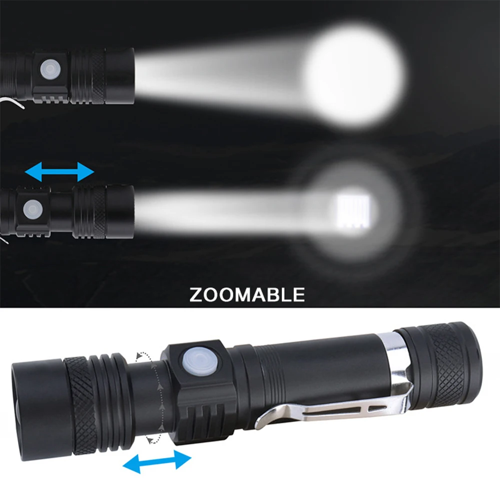 Outdoor Portable Pen Clip Torch Powerful LED Flashlight USB Rechargeable Strong Light Lantern Zoom Super Bright Hand Lamp