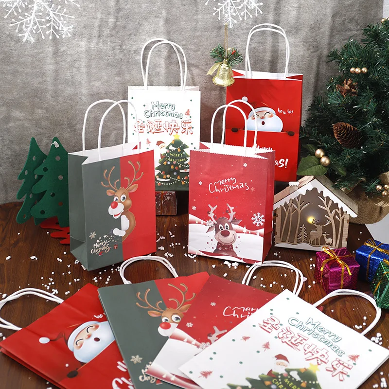 5PCS Christmas Gift Bag Christmas Eve Candy Apple Biscuit Packaging Creative Merry Christmas Paper Bags Kraft Paper Gift Bag