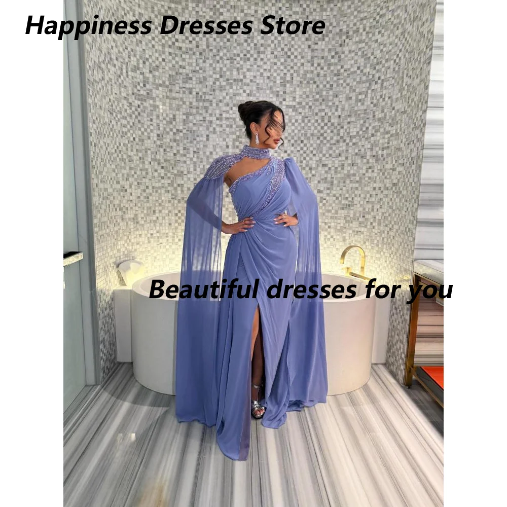 Abito da sera lungo personalizzato con perline collo alto maniche lunghe pieghe chiffon lunghezza pavimento una linea abito da cocktail party abiti da ballo