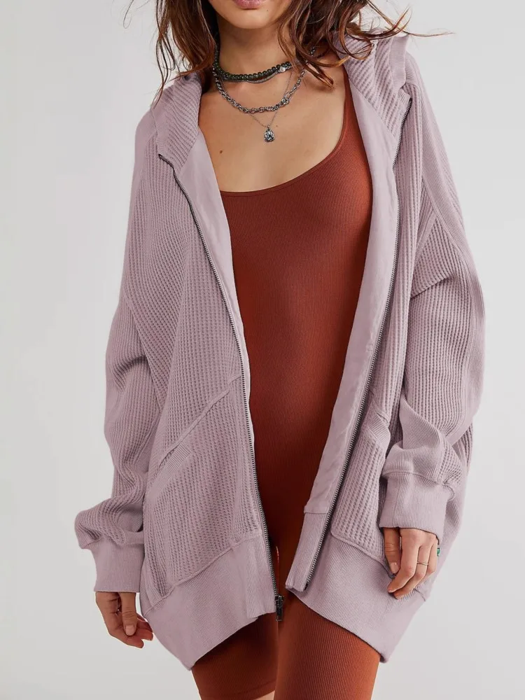 Herbst Und Winter Waffel Strickjacke Zipper Straße Mit Kapuze Sweatshirt frauen Faul Stil Lose Einfarbig Lange-ärmeln Jacke tops