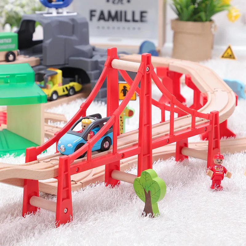 Deluxe Double-Layer Wooden Train Track Scene Set, Animal, Fishing, Airport, Overpass, Transportation Car Scene Track Sets Toy
