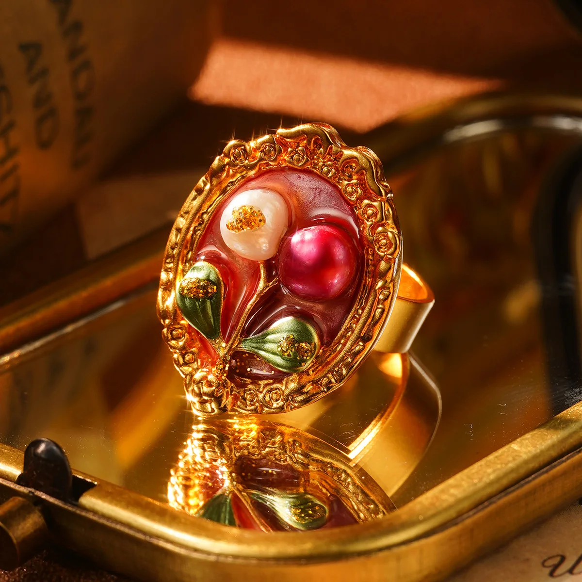 Pierścionki w stylu vintage, francuskie romantyczne, dla kobiet, barokowe, z perłami, emalią, luksusowa biżuteria, obraz olejny, róża, motyl, elegancki prezent.