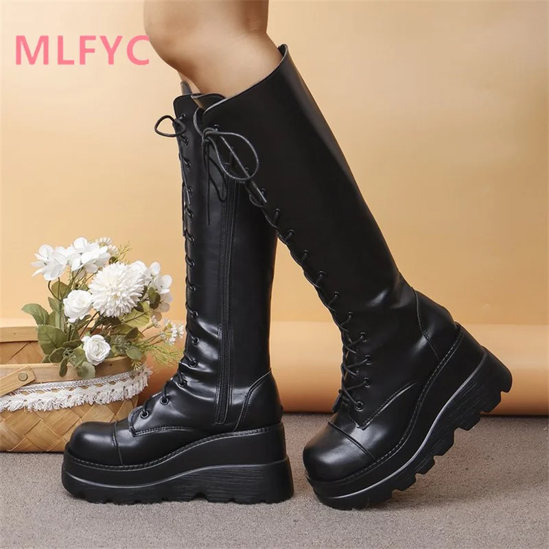 Botas longas com alças elásticas para mulheres, finas, altas, sola grossa, decote em v, botas de cavaleiro, grandes, Plus Fat, outono, inverno, novo