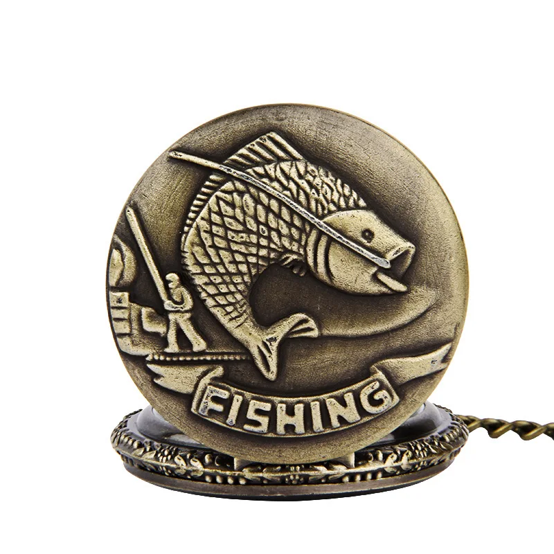 Vivid Fishing Carving Design zegarek kieszonkowy kwarcowy Vintage Bronze ciekawy Design zegar wędkarski dla kobiet mężczyzn + akcesoria rybne