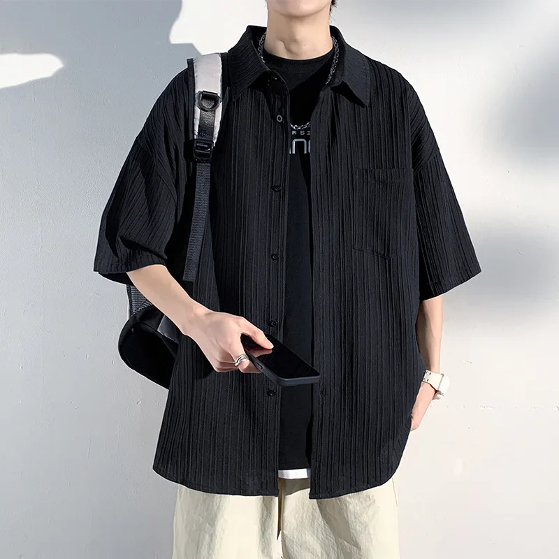 

EBAIHUI Solid Color Men's Short Sleeved Shirt Summer Thin Casual Male Blouse Vintage Pocket Design Handsome Cardigan Tee