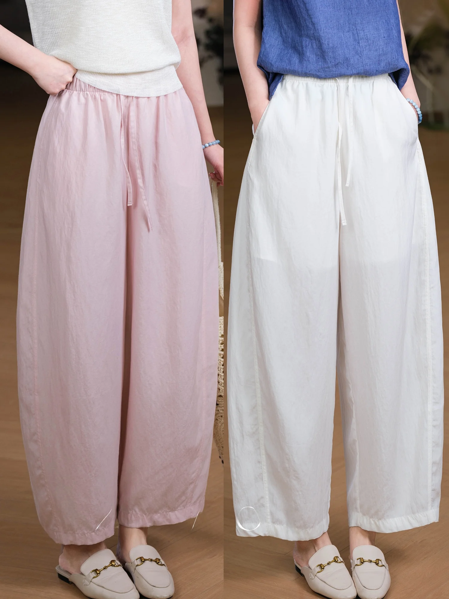 

Non-Wrinkle Heavyweight Sand Washed Overlock Seamed Elastic Waist Knife-Shape Pants for Women Casual Pure Color Leisure Trousers