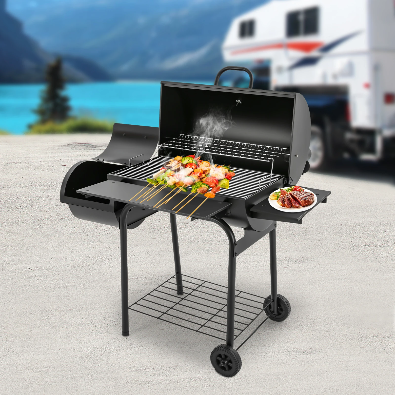 Parrilla de carbón de acero de aleación independiente para exteriores con termómetro y redes para parrilla para picnic, barbacoa, camping