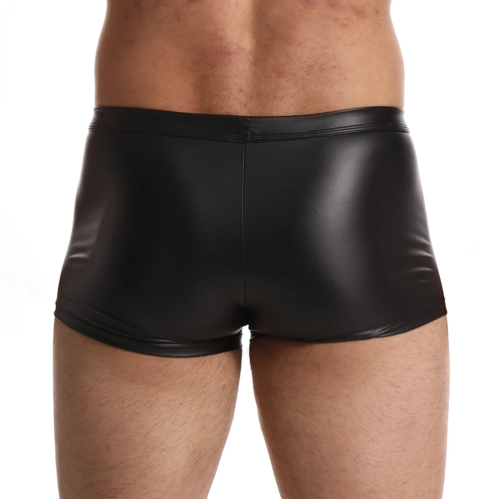 Sexy Men Boxer Shorts and Underpants Bulge Underwear Slip Faux Leather Open Front Gay Panties Zipper Low Waist Male Men\'s Boxers