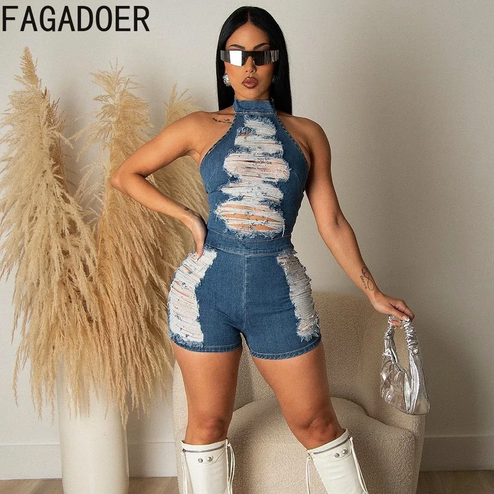 FAGADOER Fashion Hollow Out Hole Denim Rompers Women Sleeveless Backless Slim Elasticity Cowboy Jumpsuits Casual Streetwear 2023