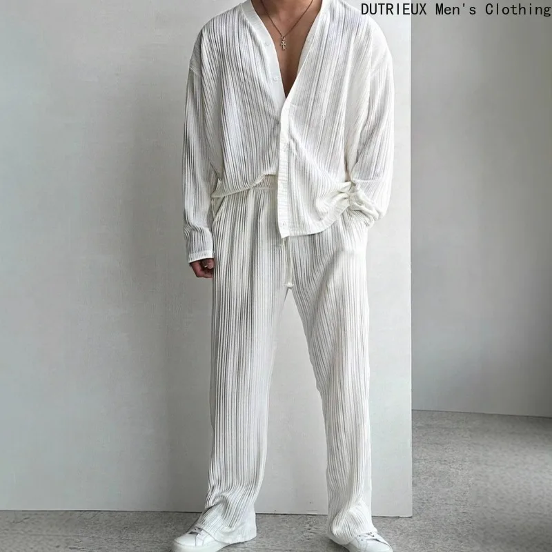 

2025 Autumn New Men's Business Two-Piece Set Casual Oversized Loose-Sleeved Shirt and Pants Set Soft and Comfortable Men's Suit