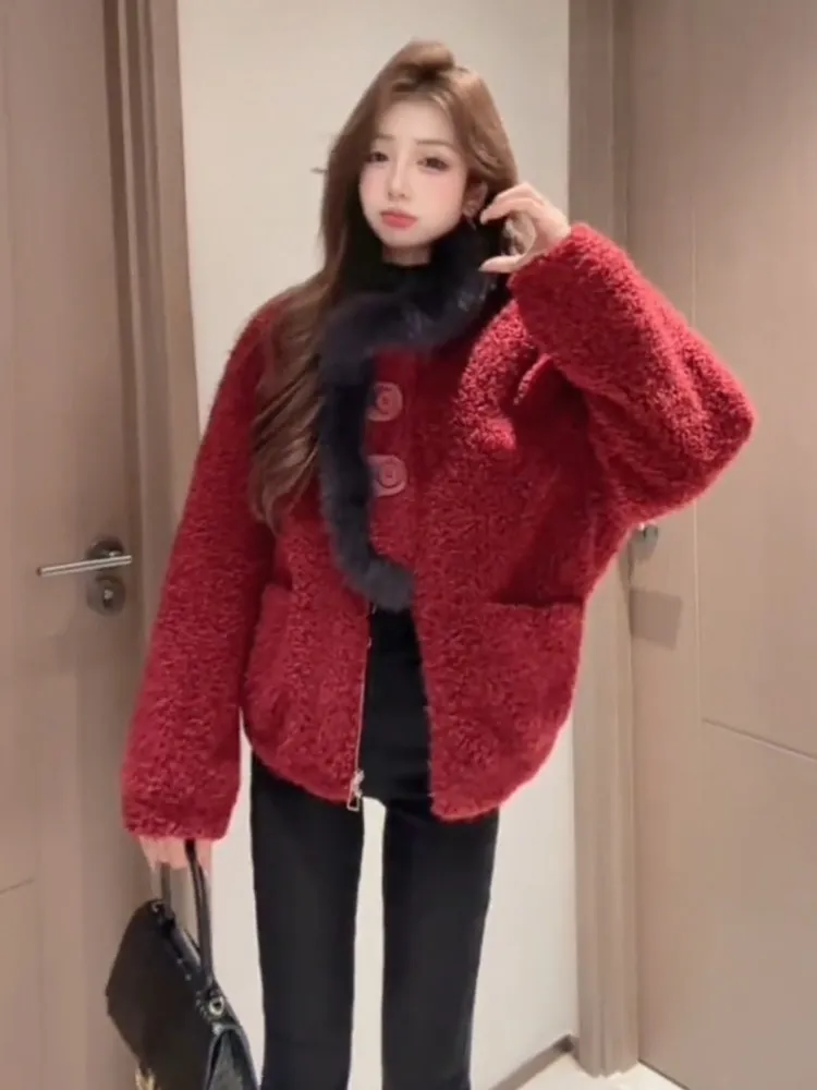 

Korean Design Style Women's Short Coat Jacket Lamb Fur Collar Warmth Integrated Leather And Fur Autumn Winter New Arrival Sli...