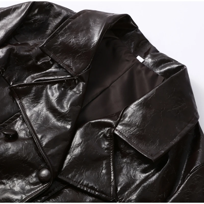 Solid PU Leather Women's Jacket Mini Skirt Set Lapel Neck Full Sleeve Double Breasted Coat Suit 2025 Autumn Stylish Edgy Outfit