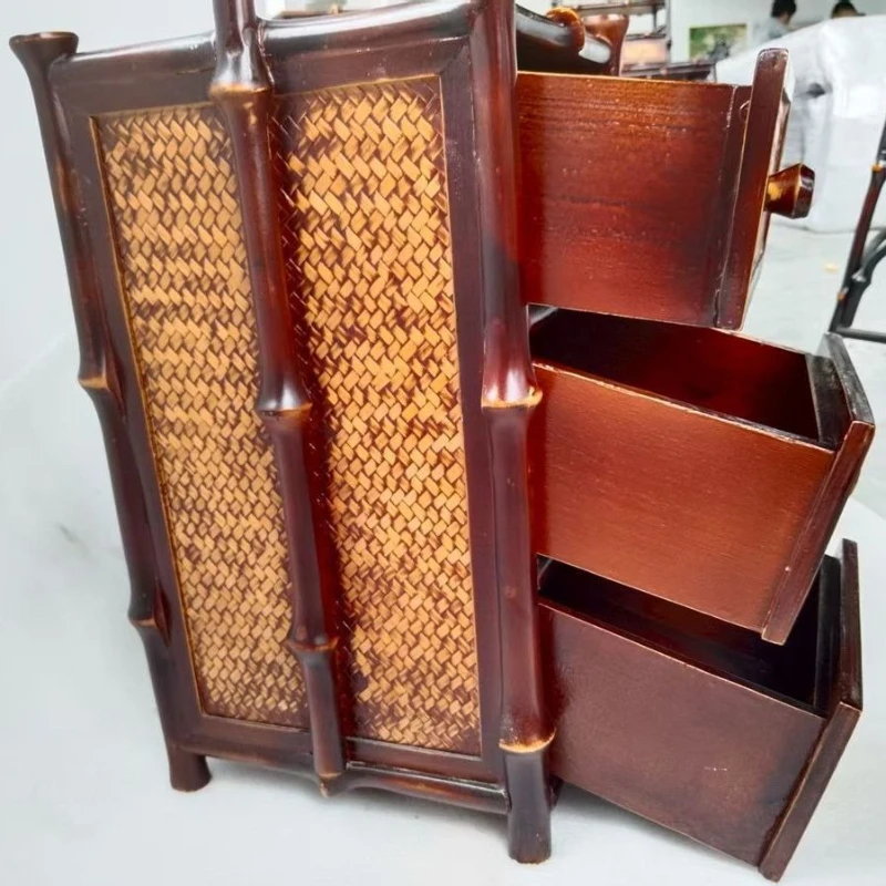 

Qiongzhu tea cabinet desktop tea set storage cabinet with drawer bamboo braided carrying box