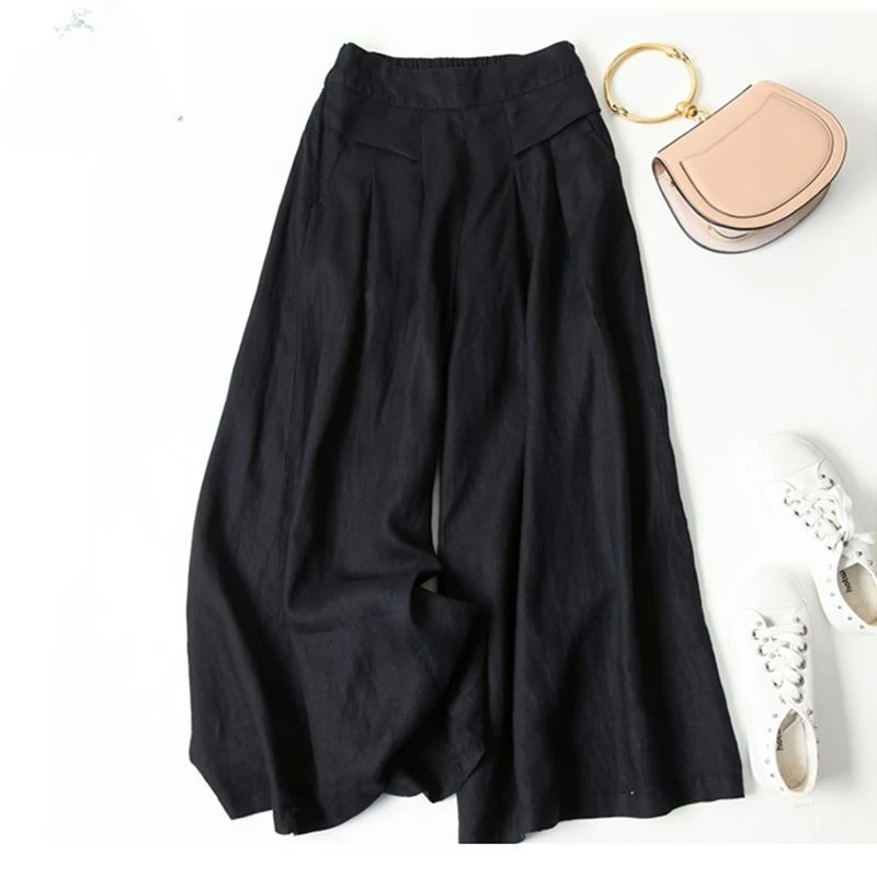 Nuovi pantaloni a gamba larga in cotone e lino da donna con tasche a vita alta pantaloni larghi comodi a gamba dritta pantaloni casual in tinta unita CQ15