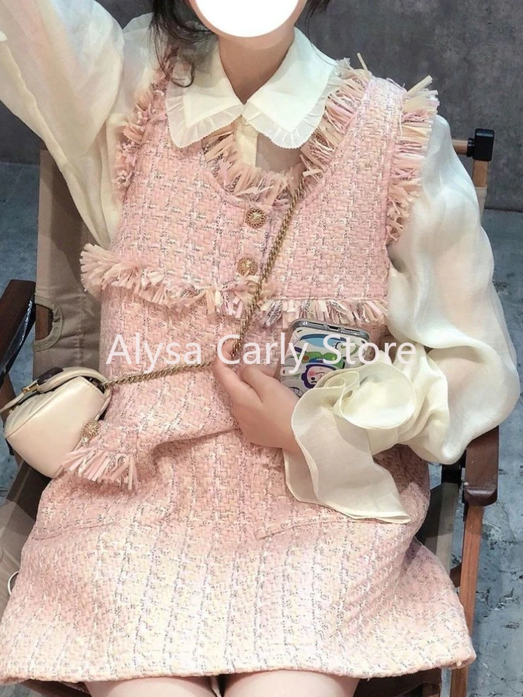 Fairy Sweet Two Piece Set Women Autumn Vintage Elegant Shirt Pink Cute Dress Set Casual Korean Style Formal Party Dress Set 2024