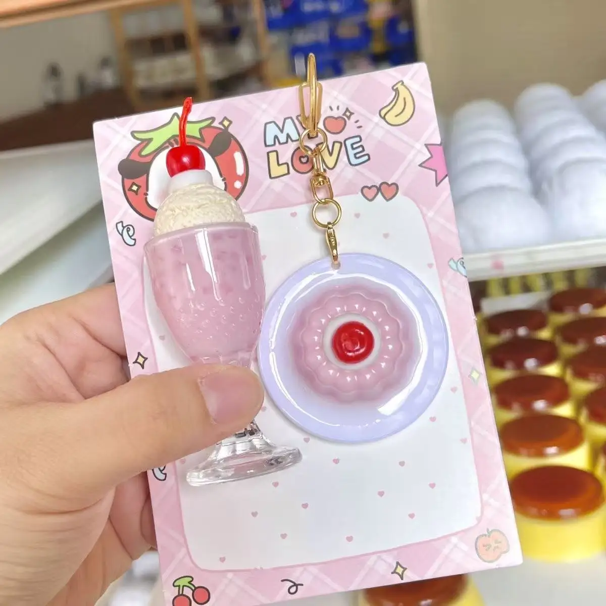 Pink Cream Soda Water Snow Mountain Milk Jelly Pudding Key Chain Pendant Ornament Three-dimensional High-value Cute 2D