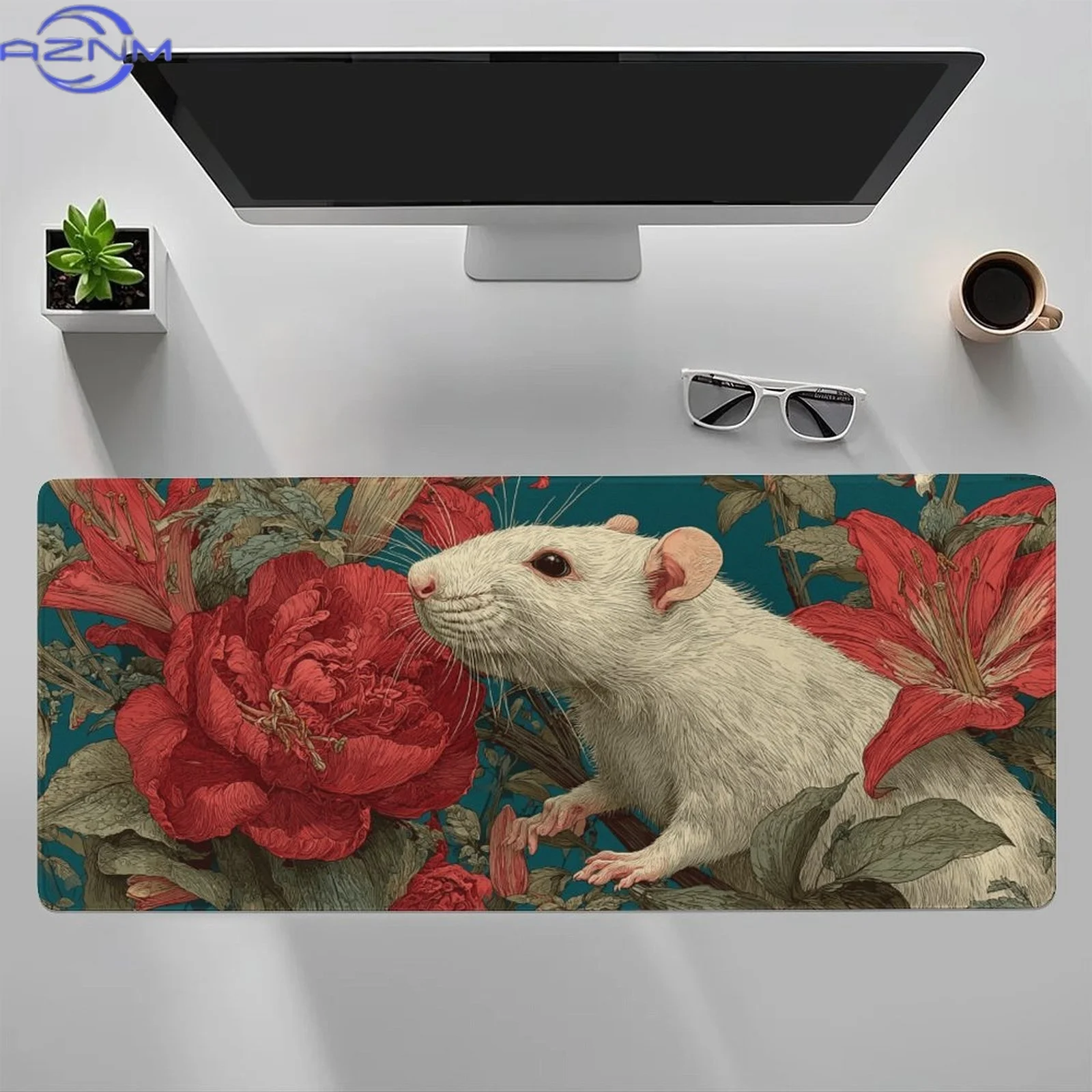 Large Non-Slip Mouse Pad with Rat & Floral Design - Washable Rubber Base, Vibrant Red Roses & Green Leaves, Perfect for Office,