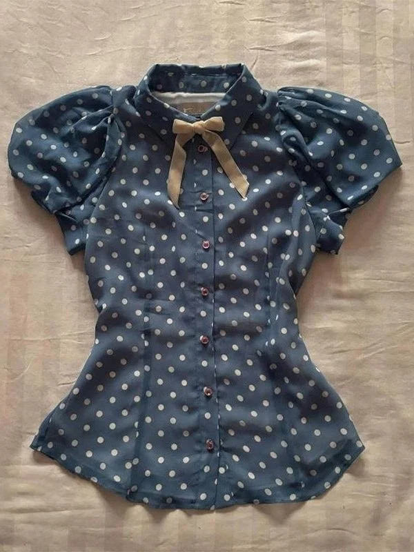 

Retro Early Taste Millennium Girl Salt And Sweet Polka Dot Bubble Sleeve Short Sleeve Button Shirt Top Summer Casual Style