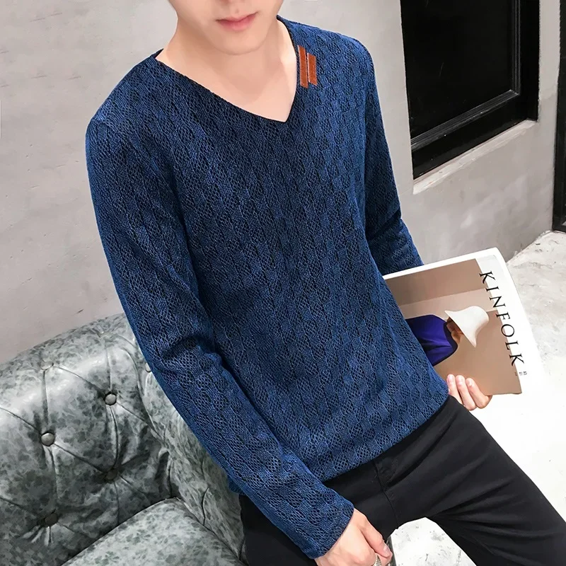 2023 Trend Men\'s Long Sleeve Slim Shirts Sweatshirt Large Size Mesh Yarn Base Shirt Top