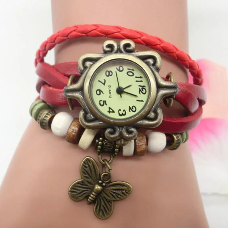 Pulseira de couro retrô feminino, Relógio pingente borboleta, Moda