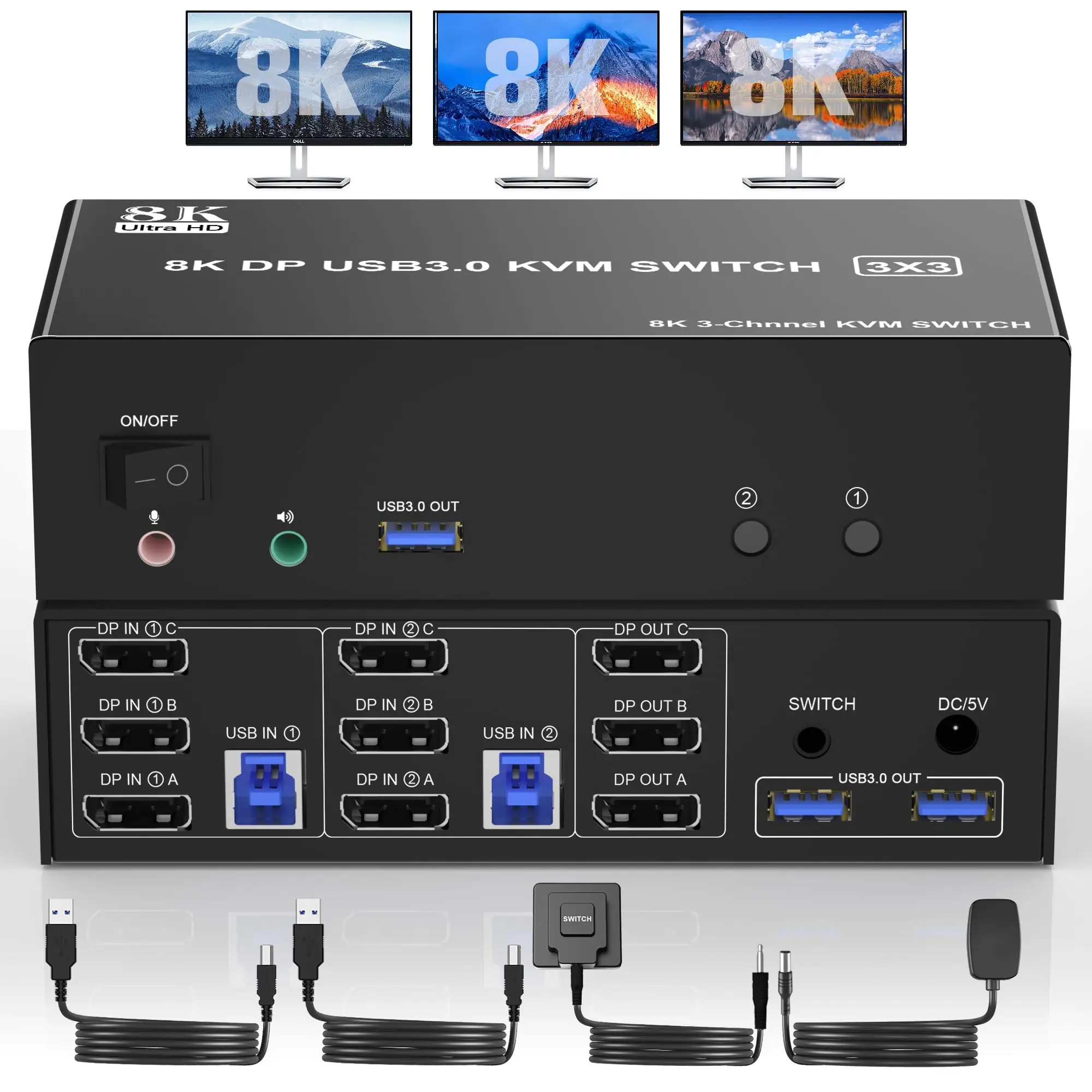 

8K@60Hz Displayport KVM Switch 3 Monitors 2 Computers, 4K@144Hz KVM Switch DP 1.4 with 3 USB 3.0 Ports Sharing Keyboard