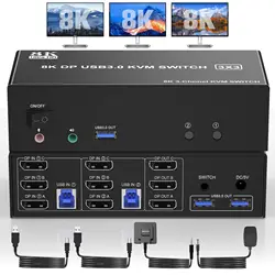 8K@60Hz Displayport KVM Switch 3 Monitors 2 Computers, 4K@144Hz KVM Switch DP 1.4 with 3 USB 3.0 Ports Sharing Keyboard