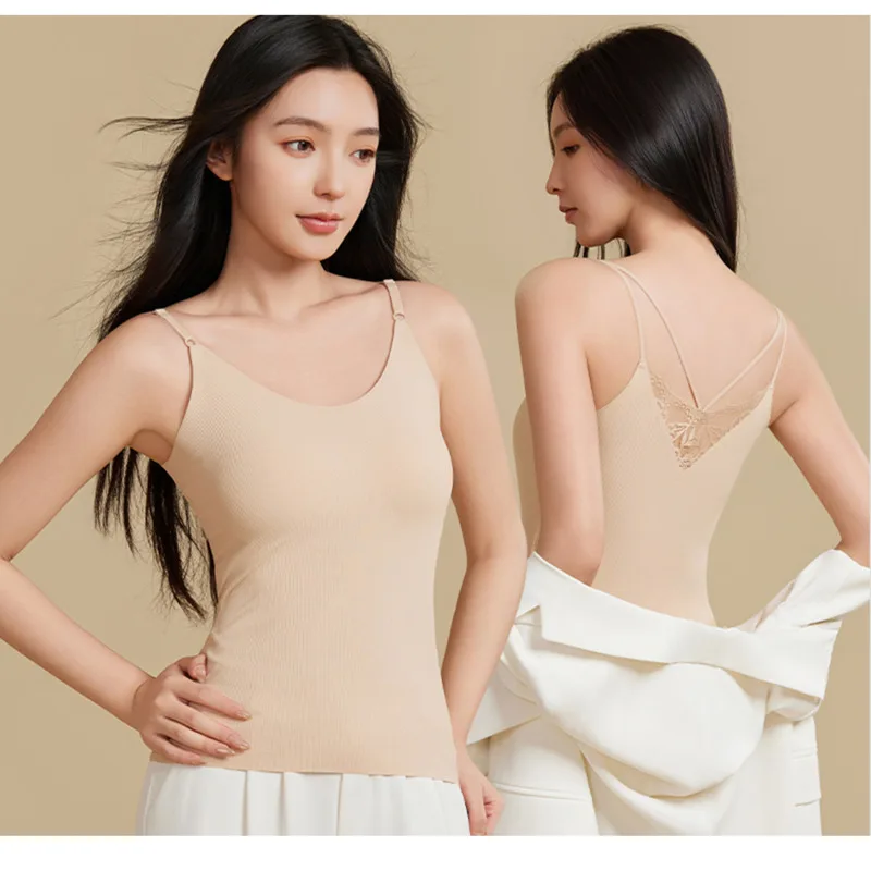 One-piece Seamless Camisole With Chest Pads, Inside 90% Silk,10% Spandex Lace Backless Tank Top