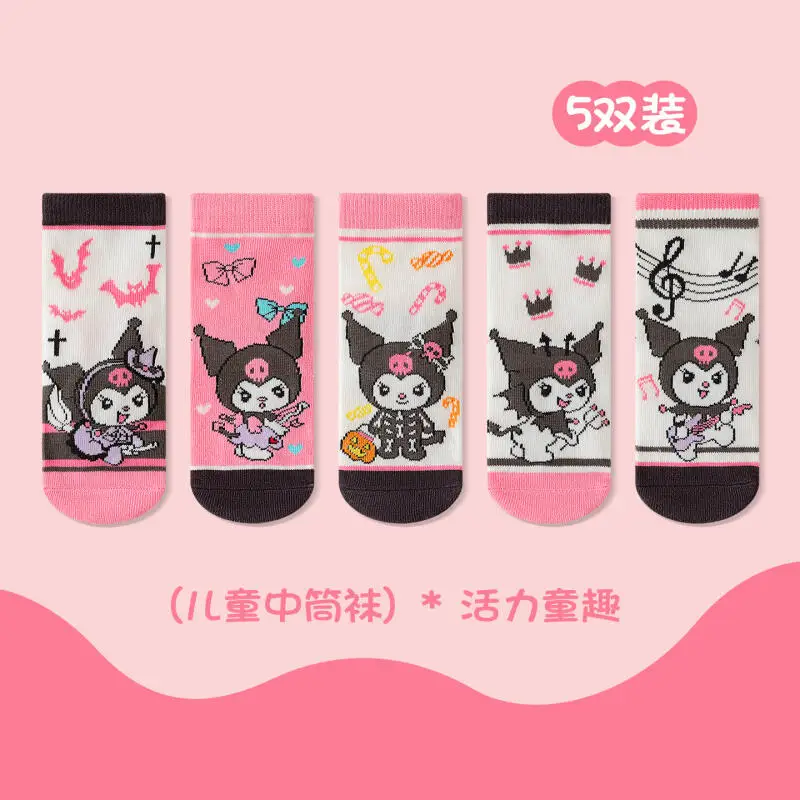 

5Pcs Halloween Hello Kitty Girls' Socks Sanrio Kuromi Spring Autumn Cinnamoroll Anime Kawaii Breathable Pochacco Cotton Socks