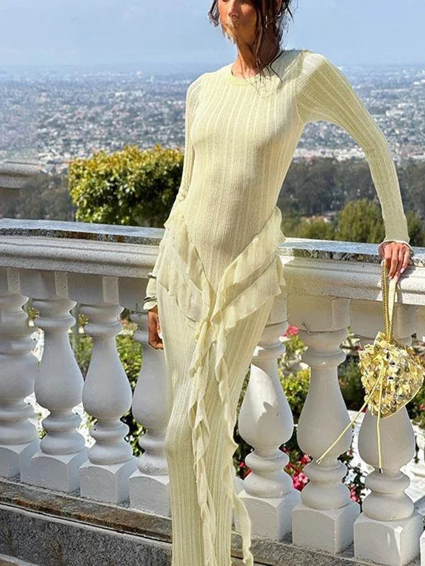 

Yellow Knitted Long Sleeve Women's Dress with Lace Hem High Waist Slim Fit Casual Style Other Style Details Other Components