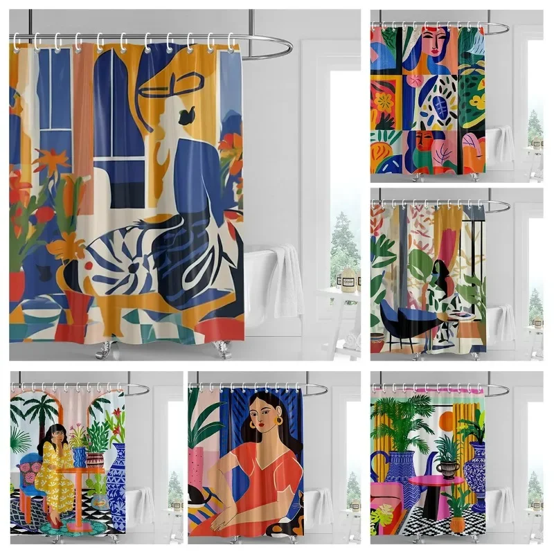 

Nordic Simple Style Morandi Shower Curtain Abstract Plant Character Pattern Bathroom Bathtub Dual-Use Shower Curtain