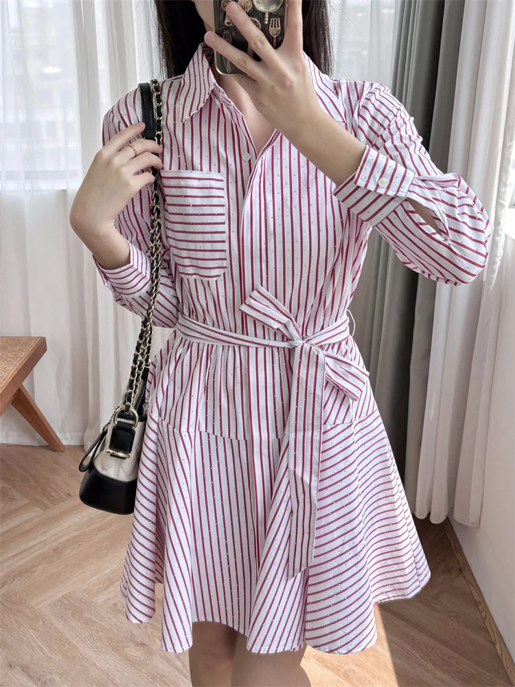 New 2024 High Quality Women Rhinestones Striped Short Dress Long Sleeve Lace Up Polo Collar A-Line Elegant Sweet Chic Stunning M